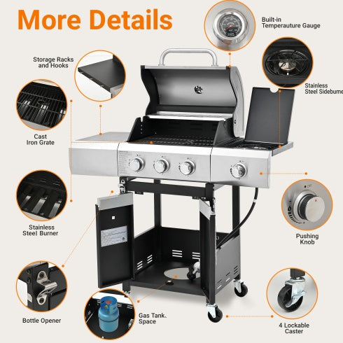 Propane Grill 3 Burner Barbecue Grill Stainless Steel Gas Grill With Side Burner And Cover For Outdoor BBQ, Camping