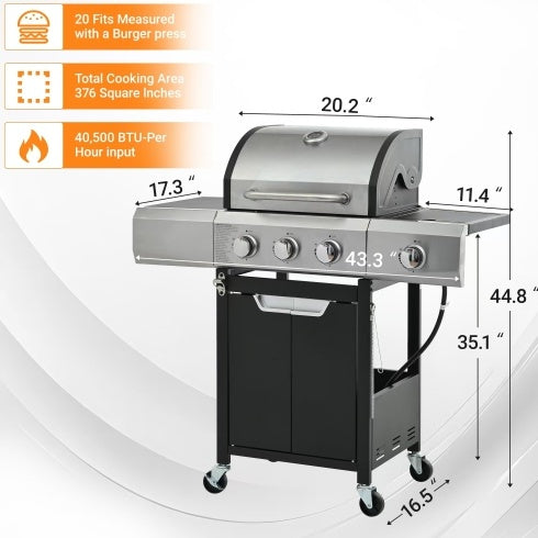 Propane Grill 3 Burner Barbecue Grill Stainless Steel Gas Grill With Side Burner And Cover For Outdoor BBQ, Camping